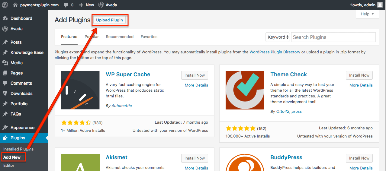 WP Full Pay installation - Press the Upload plugin button on the Add plugins page