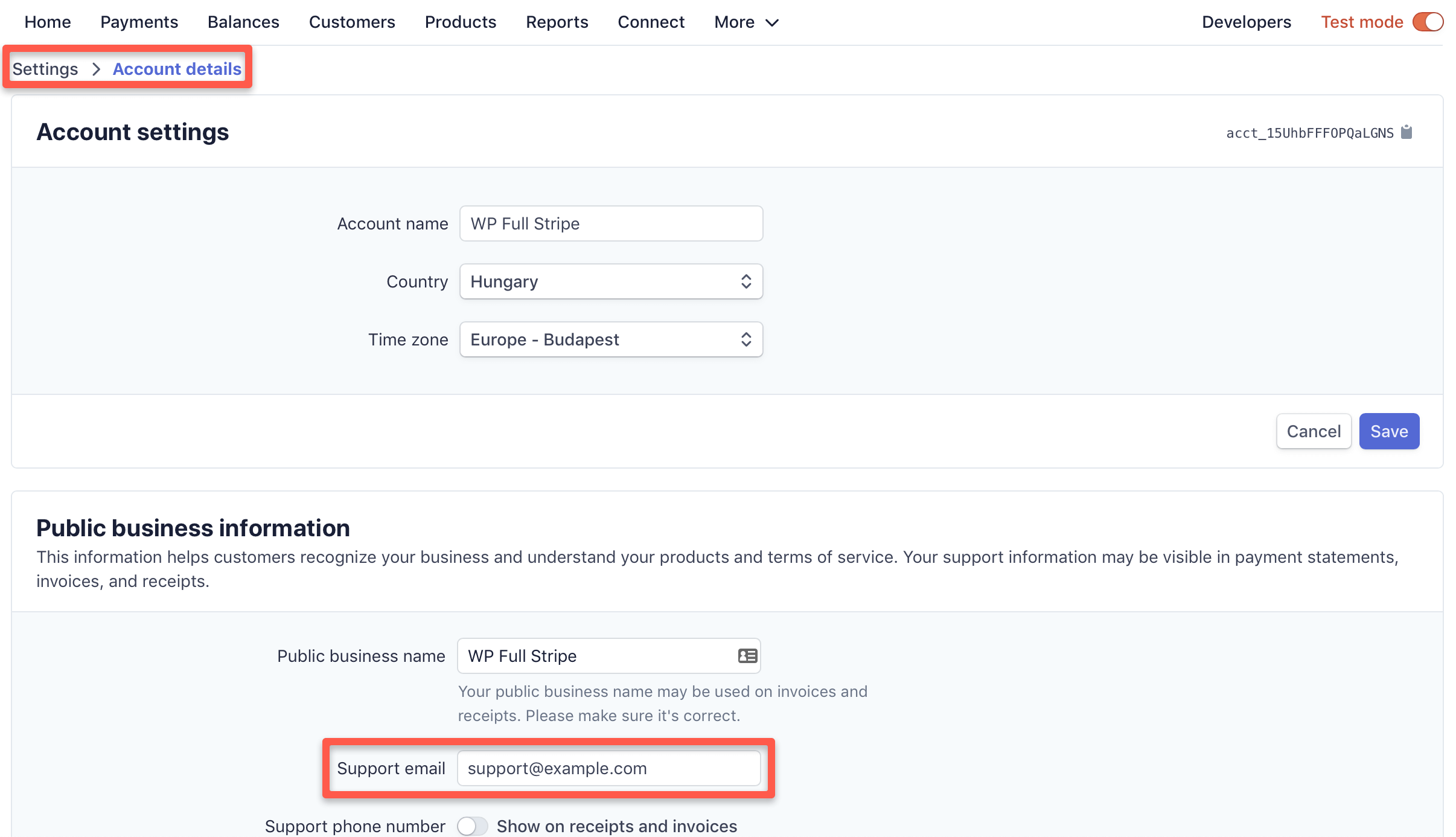 You can set the sender email address on the 'Settings / Account details' page on the Stripe dashboard