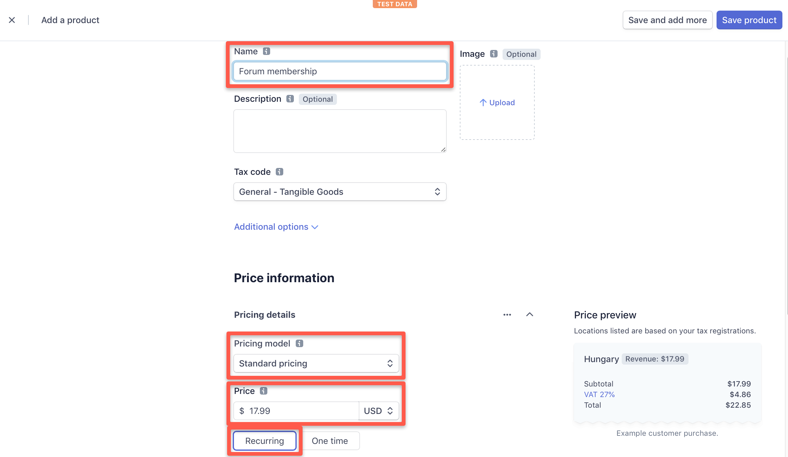 When creating a Stripe recurring product, fill in the essential fields, and press the 'Save product' button
