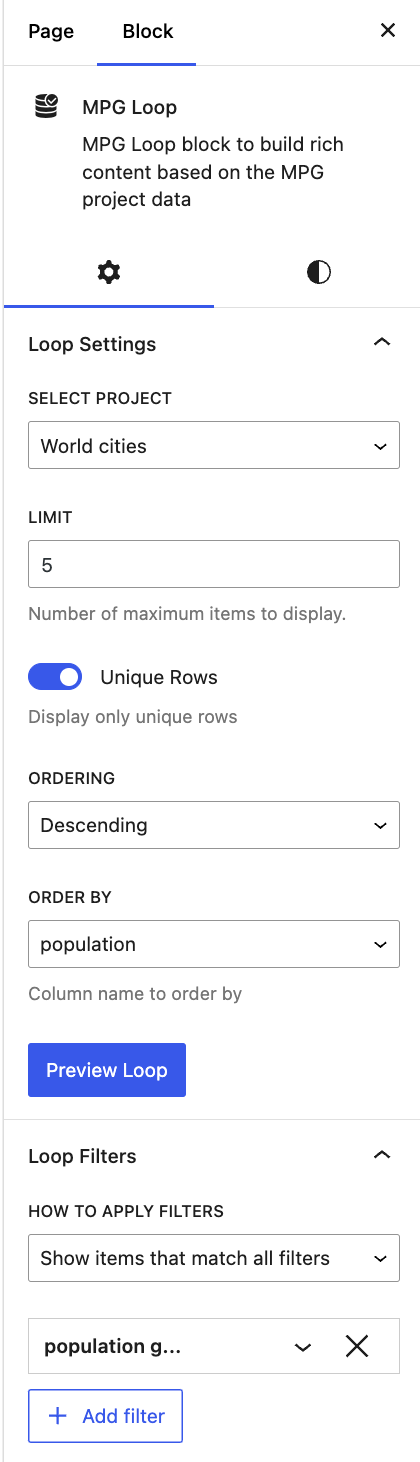 Editing the MPG Loop settings in the sidebar of Gutenberg editor