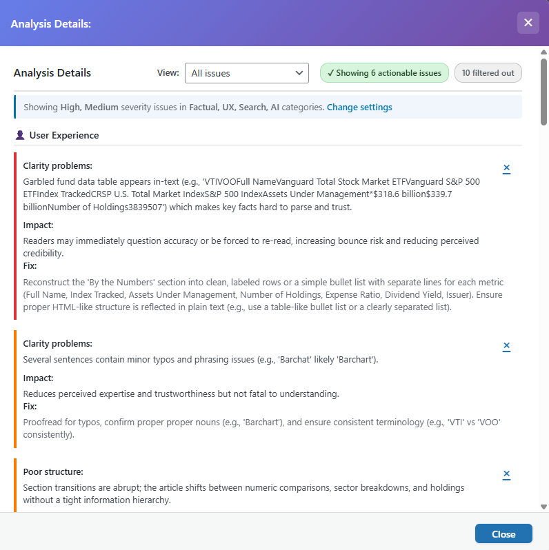 Analysis details page