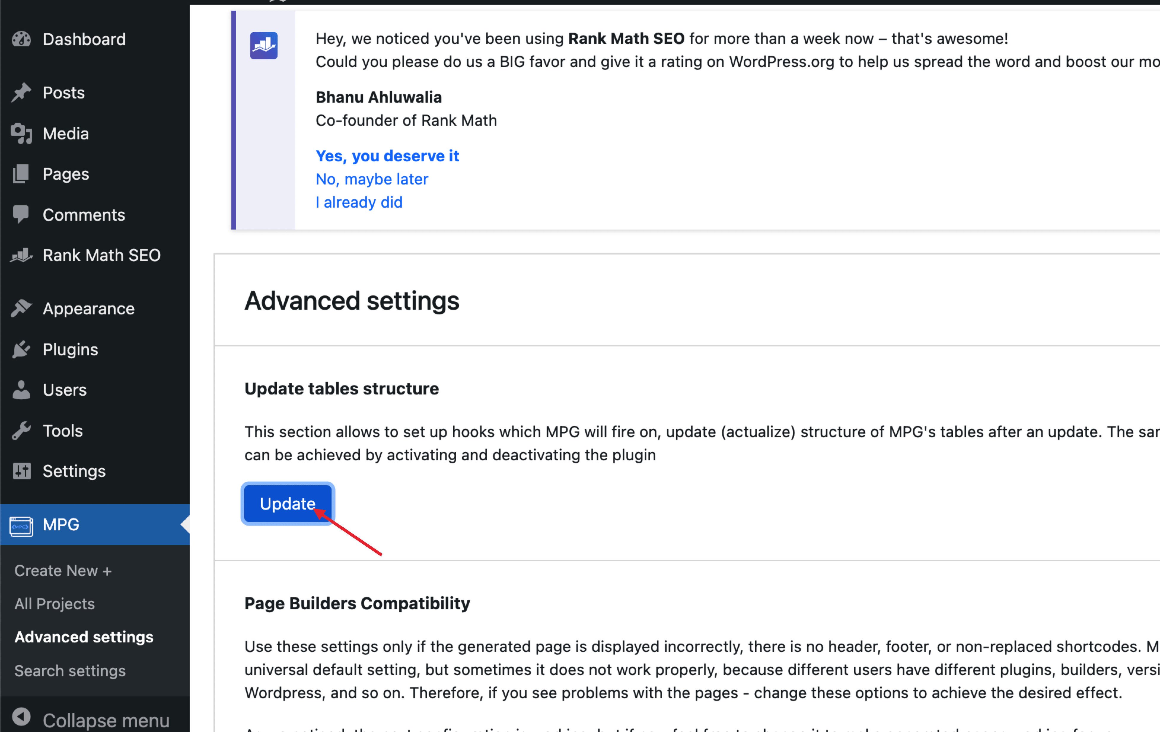 MPG Update Table Structure