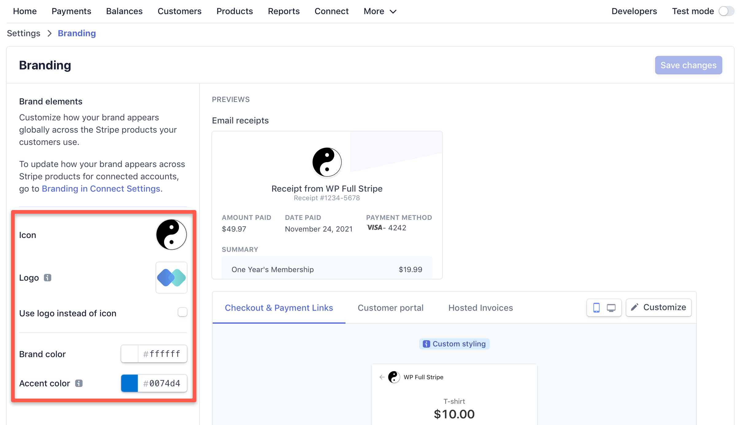 You can customize your branding on the 'Settings / Branding' page on the Stripe dashboard