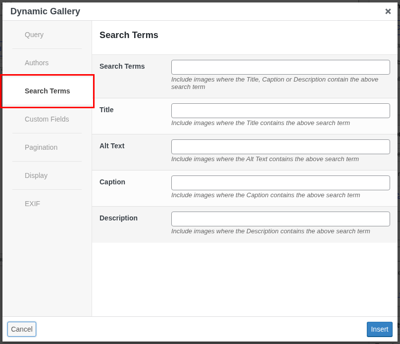 Media Library Organizer: Dynamic Galleries: TinyMCE: Search Terms