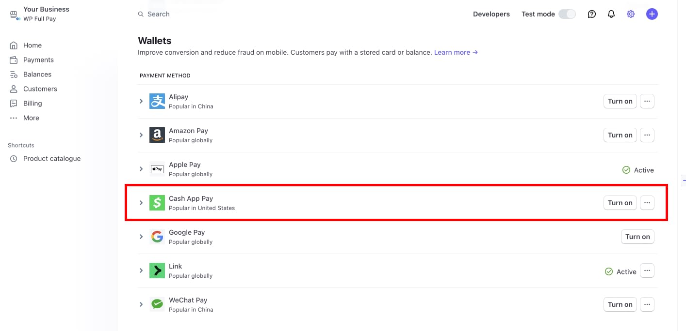 enable Cash App Pay method from Stripe Dashboard