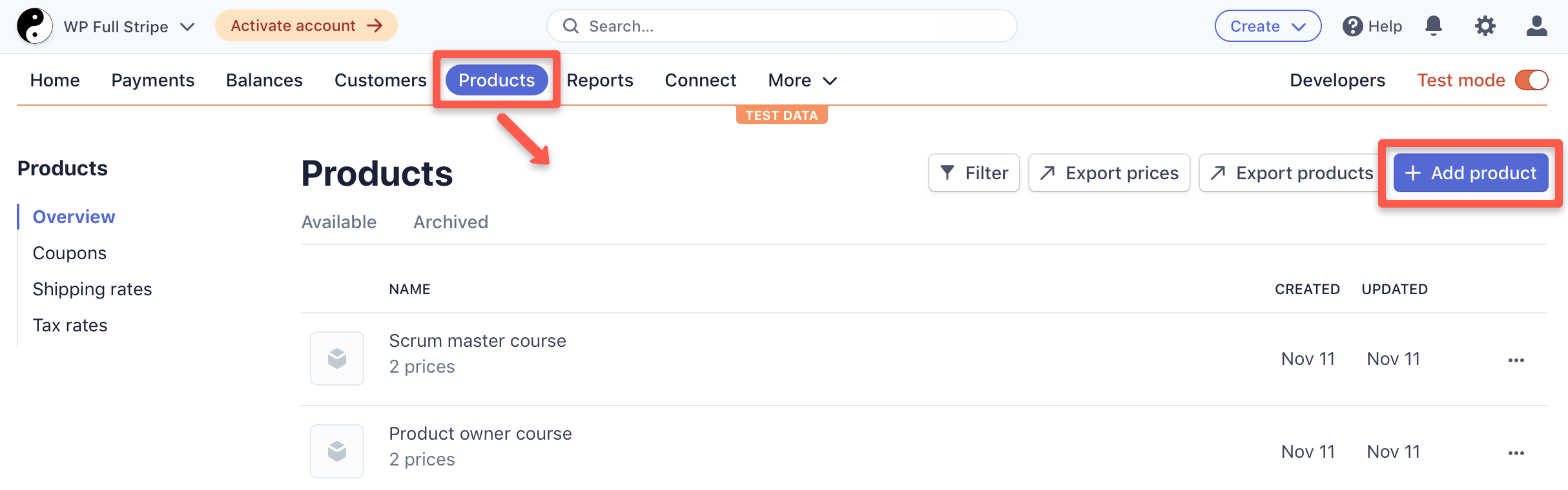 Create one-off products on the 'Products / Overview' page on the Stripe dashboard by pressing the '+Add product' button