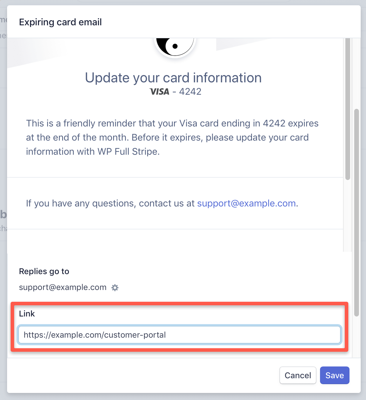 Entering the URL of the Customer portal page in the 'Expiring card email' dialog
