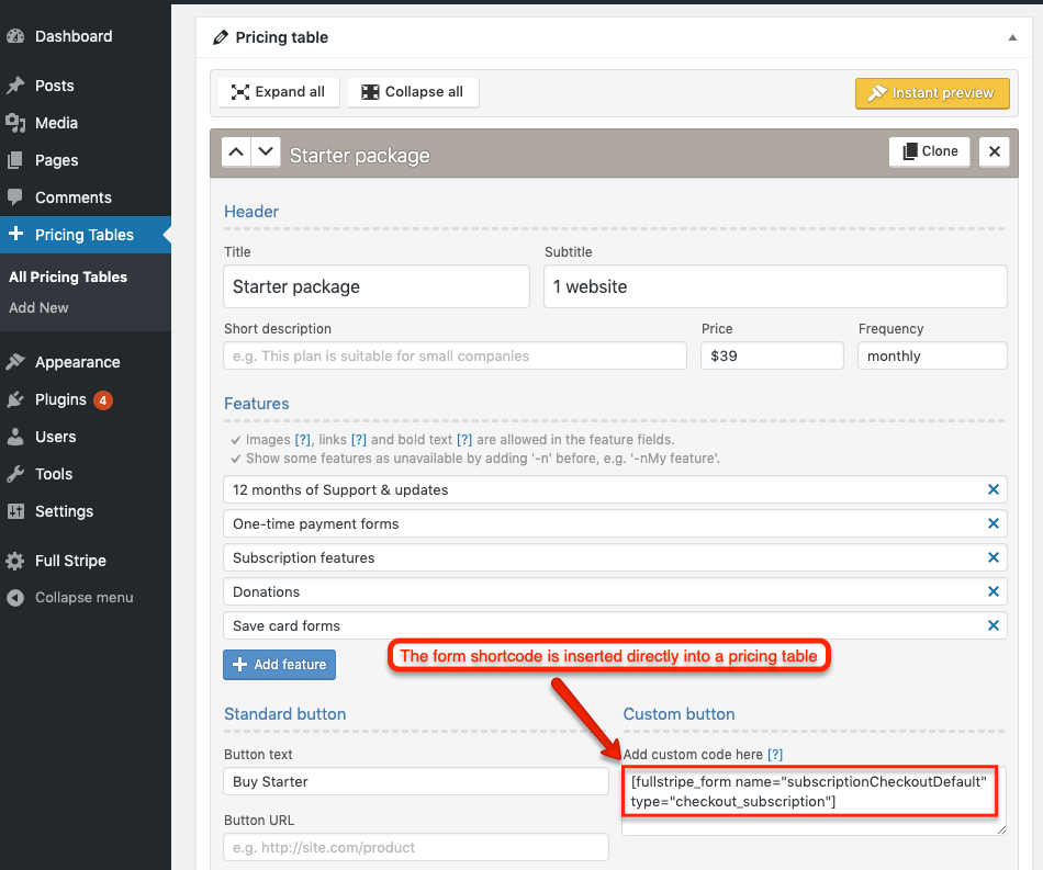 WP Full Pay - Insert shortcode into a pricing table