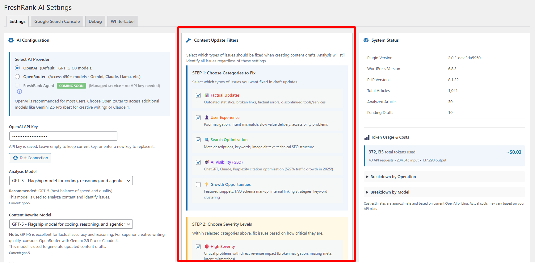 Content update filters settings