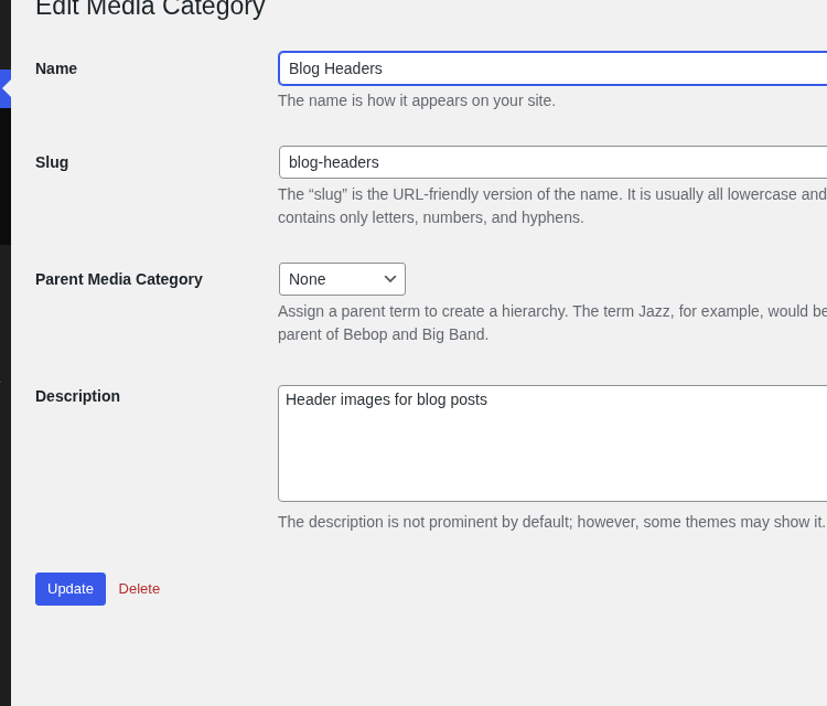 Defining Media Categories: Edit Form