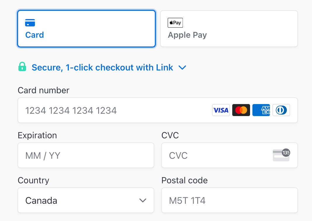 Example of Stripe Payment element with ApplePay enabled