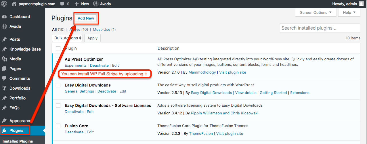 WP Full Pay installation - Press the Add new button on the Plugins page
