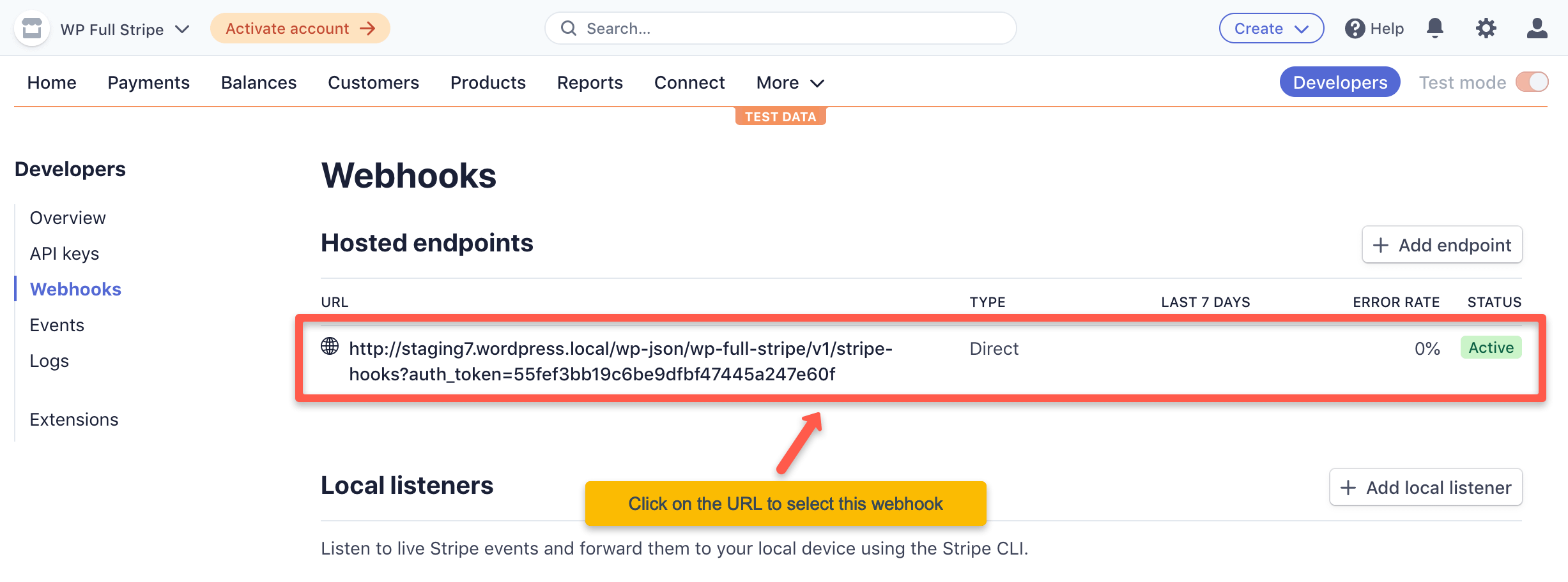Stripe dashboard  - Select the webhook to test