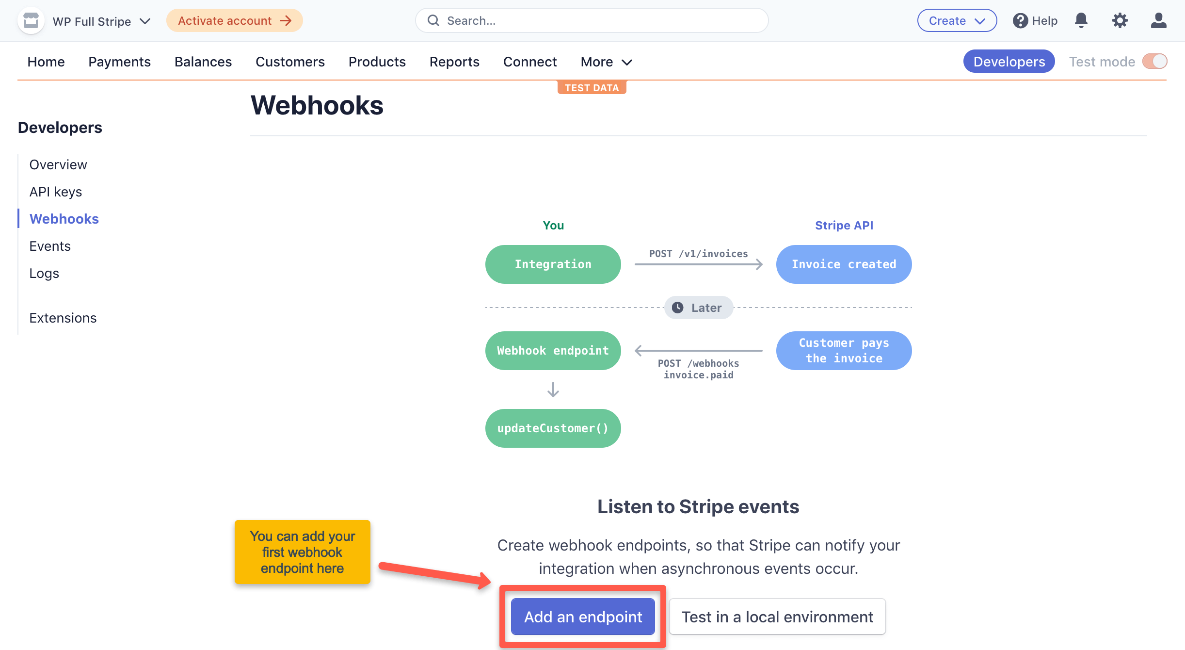 Stripe dashboard  - Add webhook endpoint