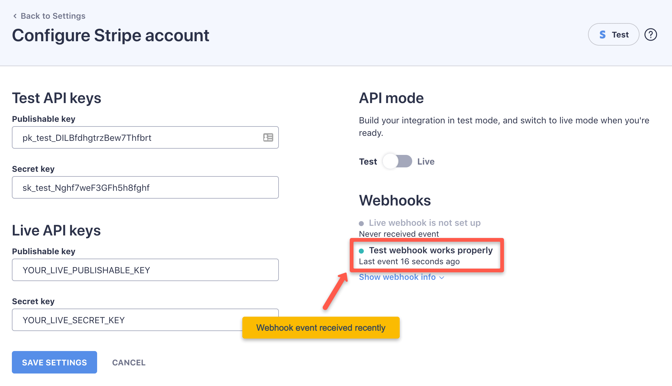 Stripe dashboard  - Webhook event received successfully