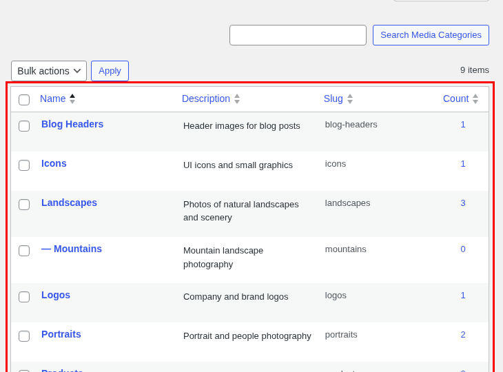 Defining Media Categories: Edit Table