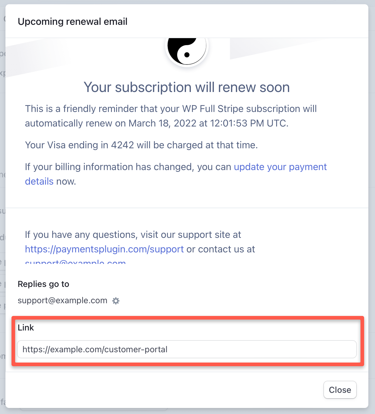 Entering the URL of the Customer portal page in the 'Upcoming renewal email' dialog