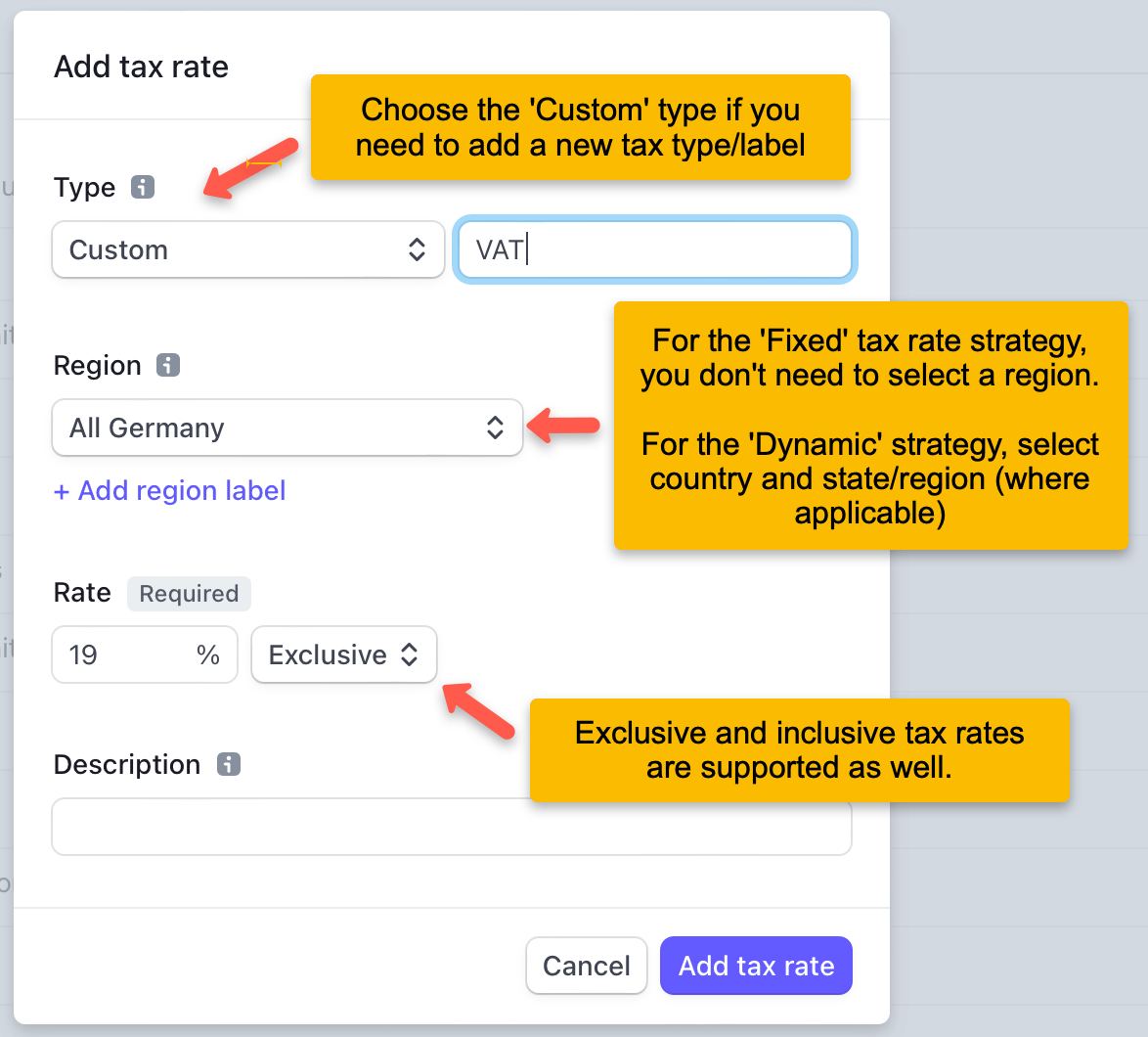 Specify the tax rate details in the 'Add tax rate' dialog