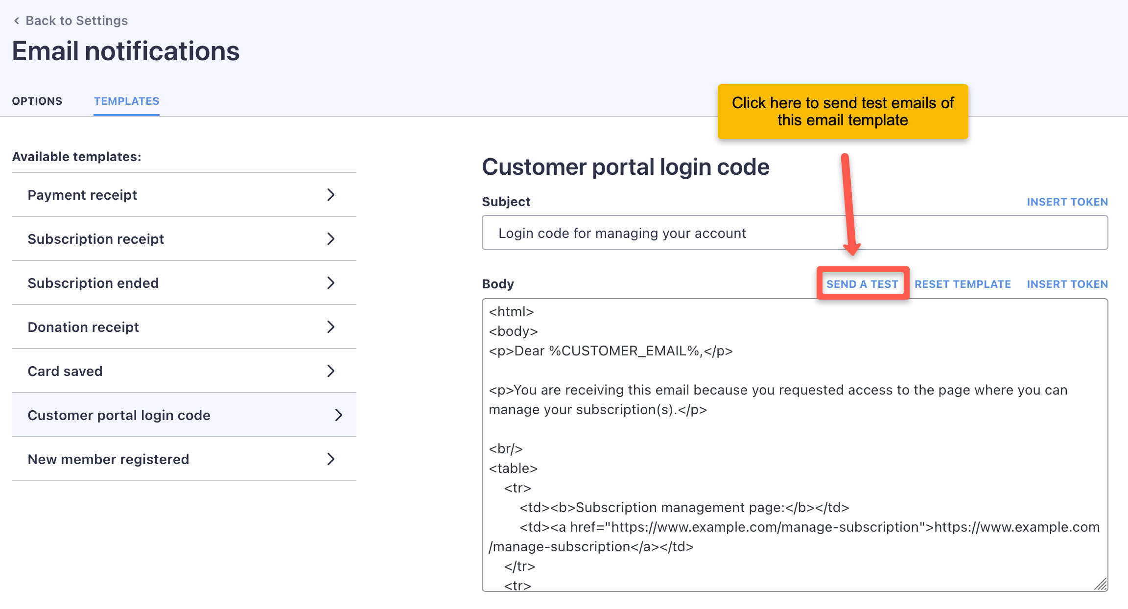 Click on the 'Send test' link to send a test email