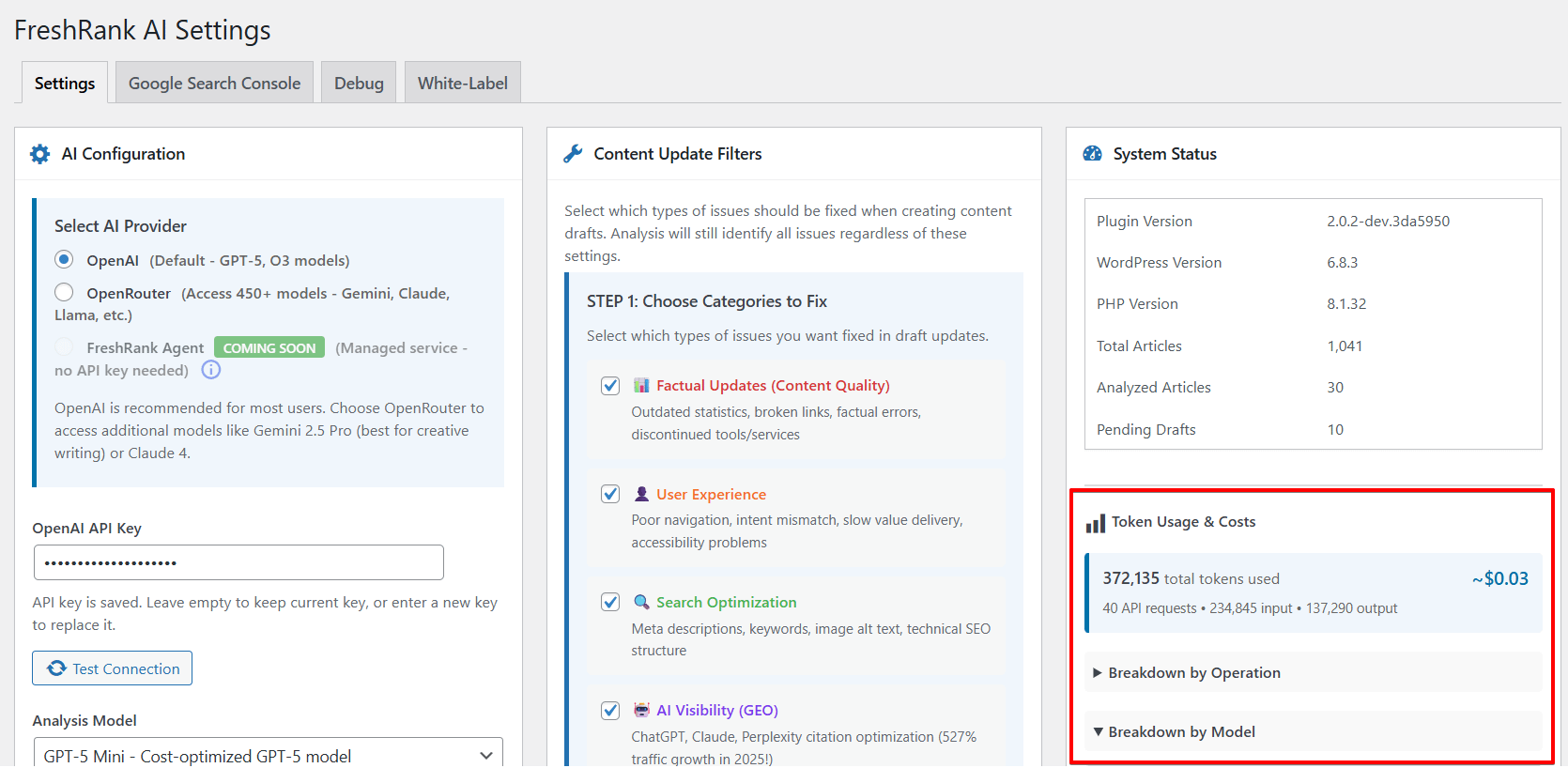 Where to see token usage in FreshRank dashboard