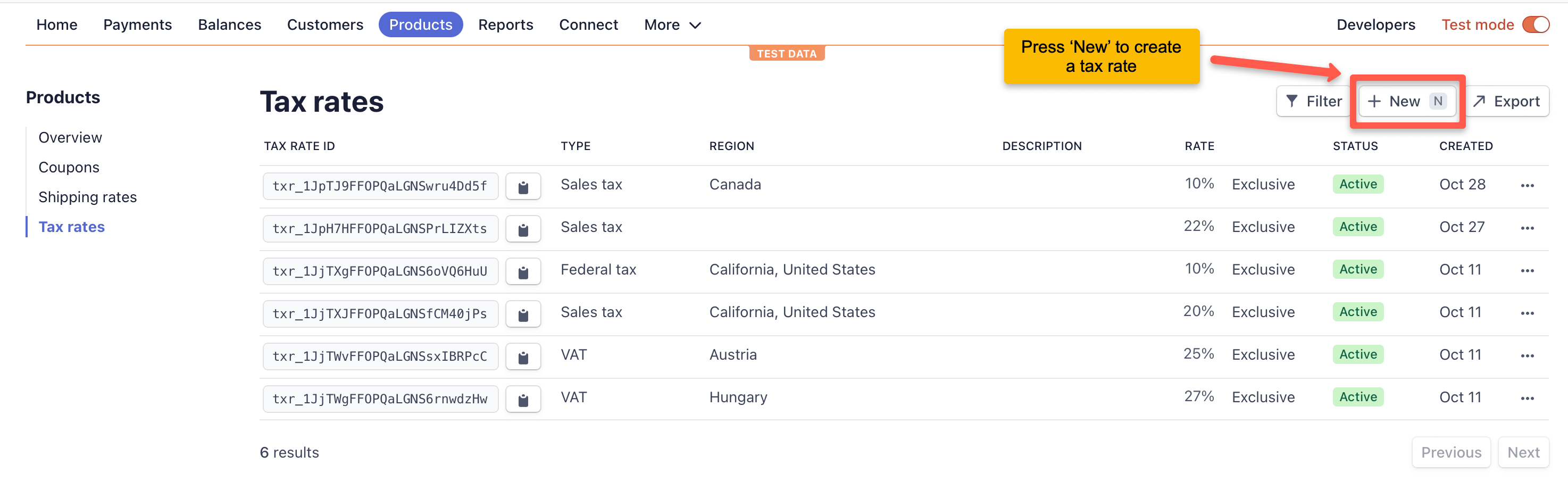 Press the 'New' button on the 'Products / Tax rates' page of the Stripe dashboard to create a tax rate