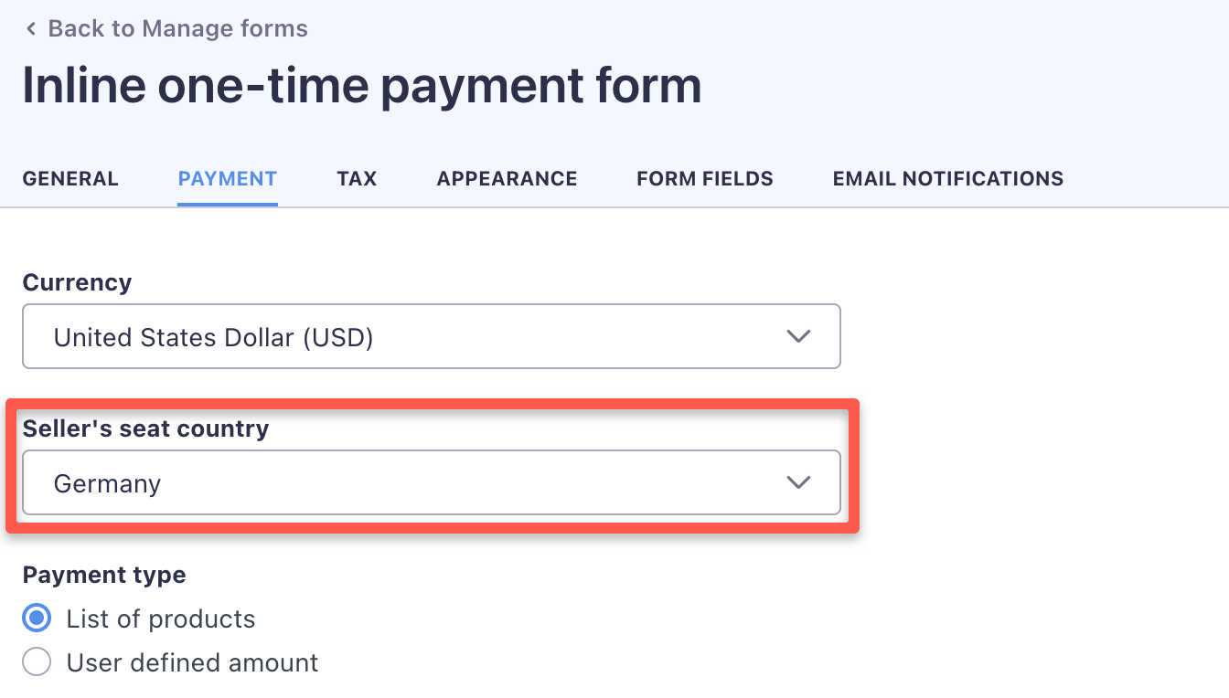 The seat country of the seller can be set on the 'Payment' tab of the form