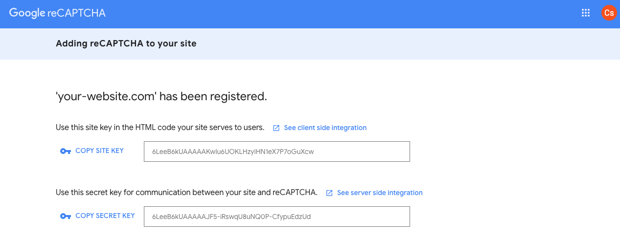 Register your website for Google reCaptcha