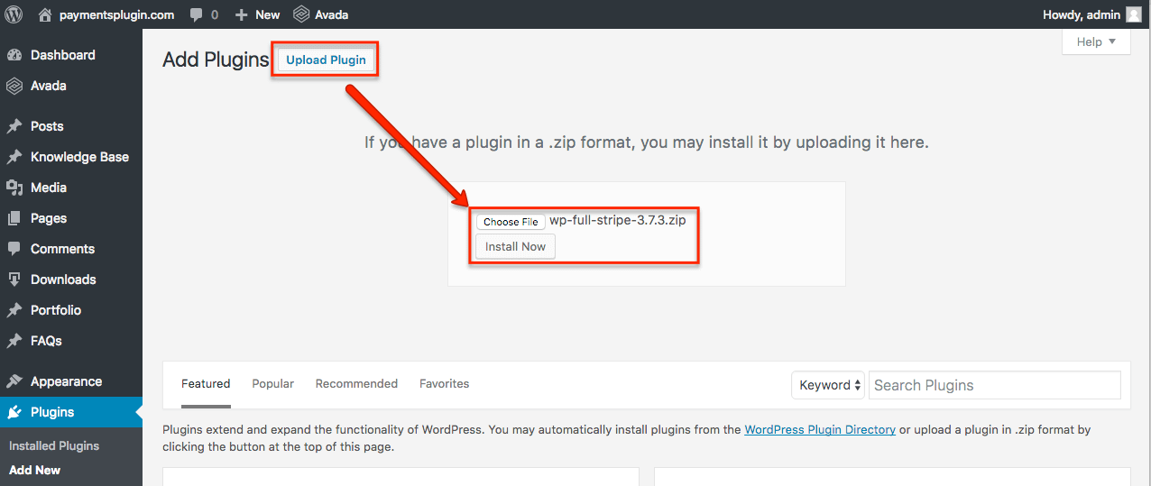 WP Full Pay installation - Browse the .zip file from your computer and press the Install now button