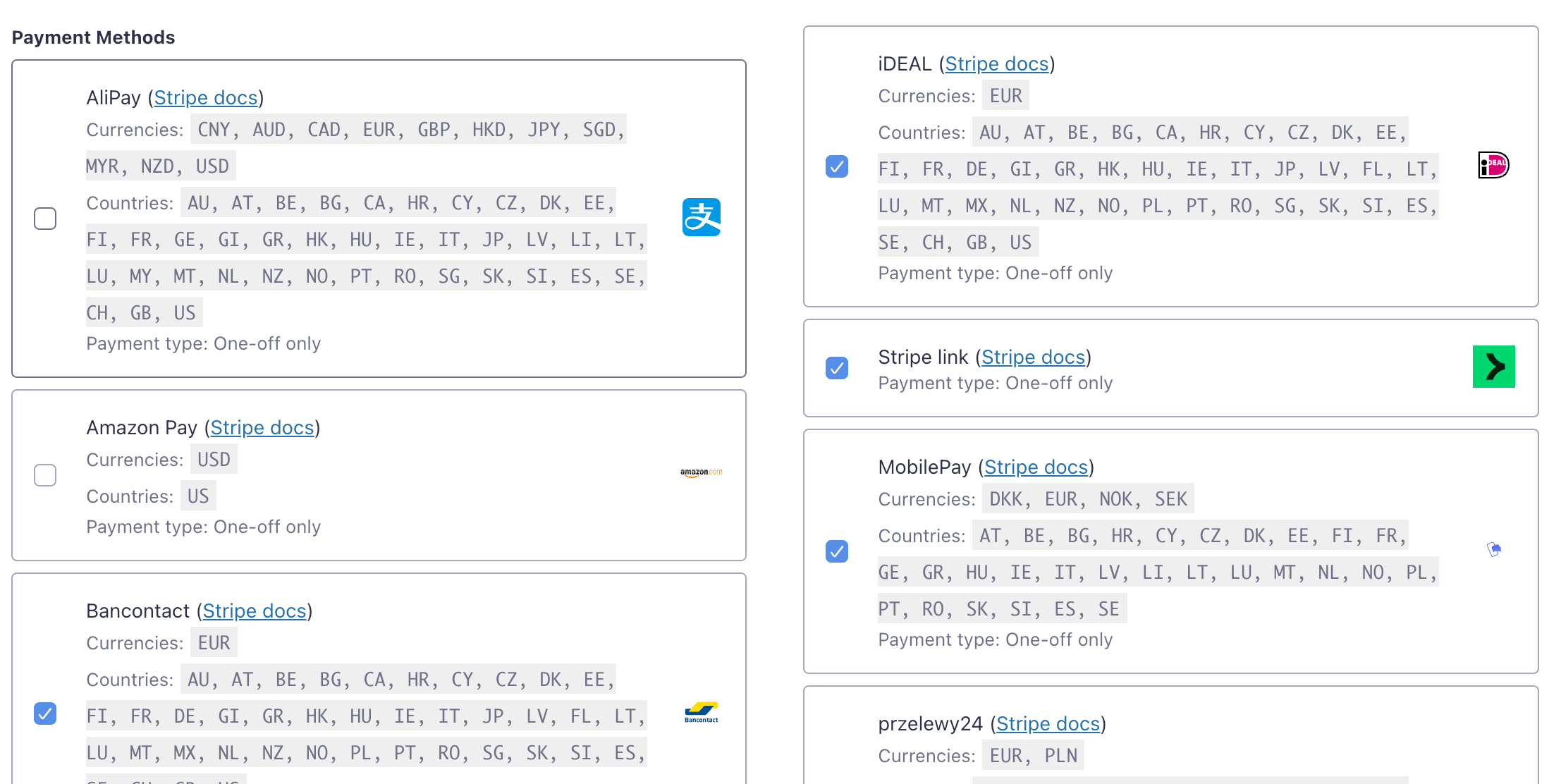 image of the form payment setting screen showing different payment methods that can be enabled/disabled