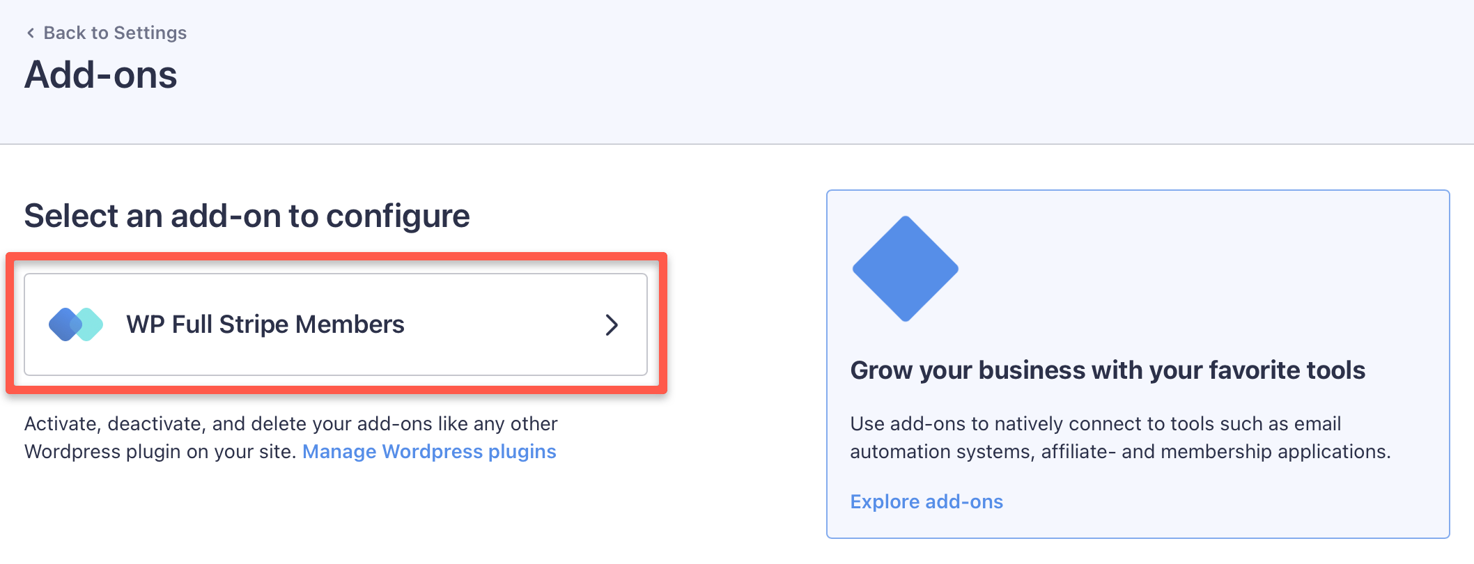 Select the add-on you'd like to configure on the 'Full Stripe / Settings / Add-ons' page