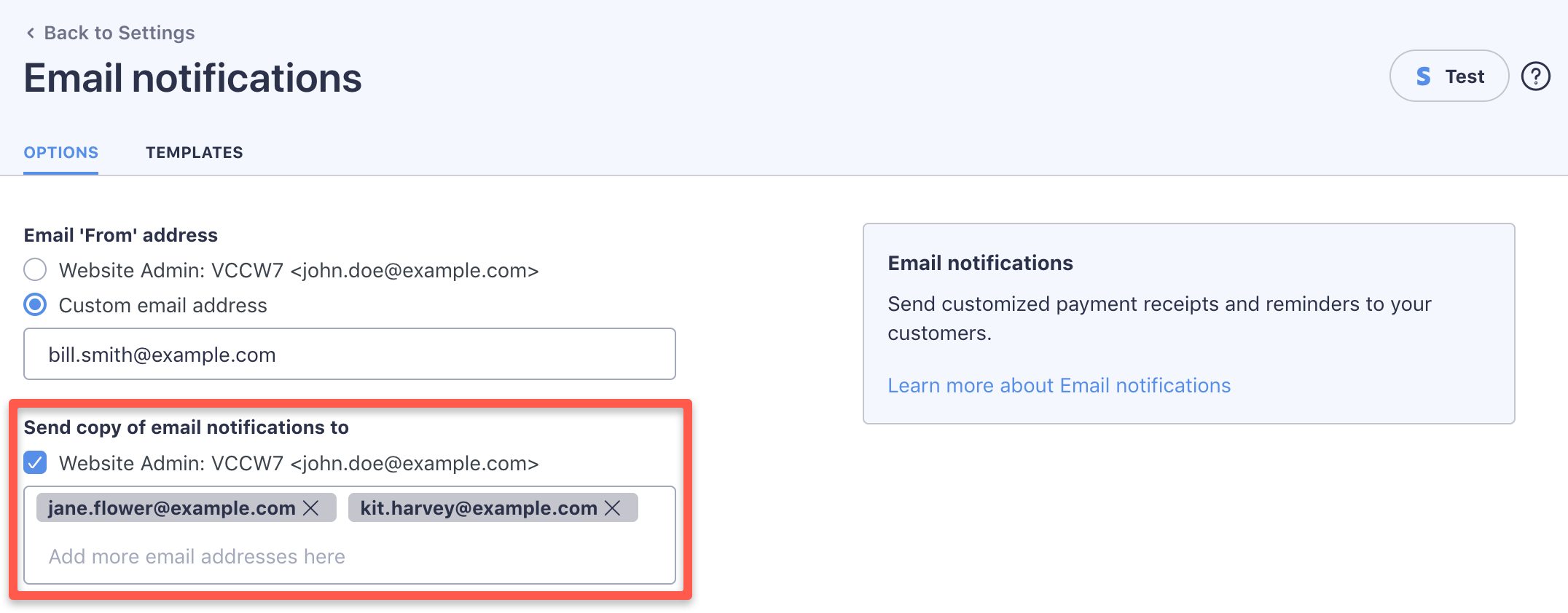 You can bcc recipients of plugin emails on the 'Full Stripe / Settings / Email notifications / Options' page in WP admin