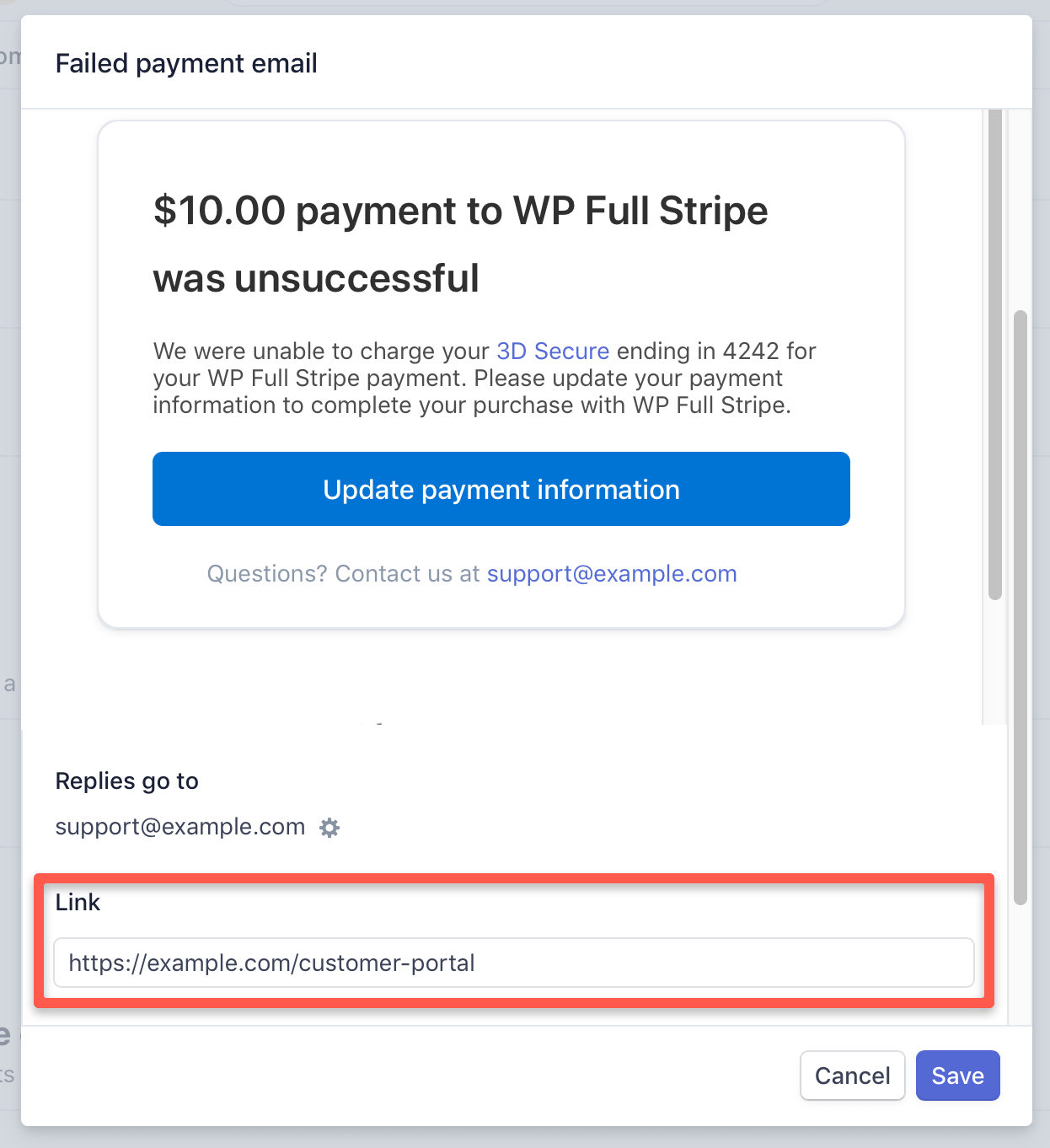 Entering the URL of the Customer portal page in the 'Failed payment email' dialog