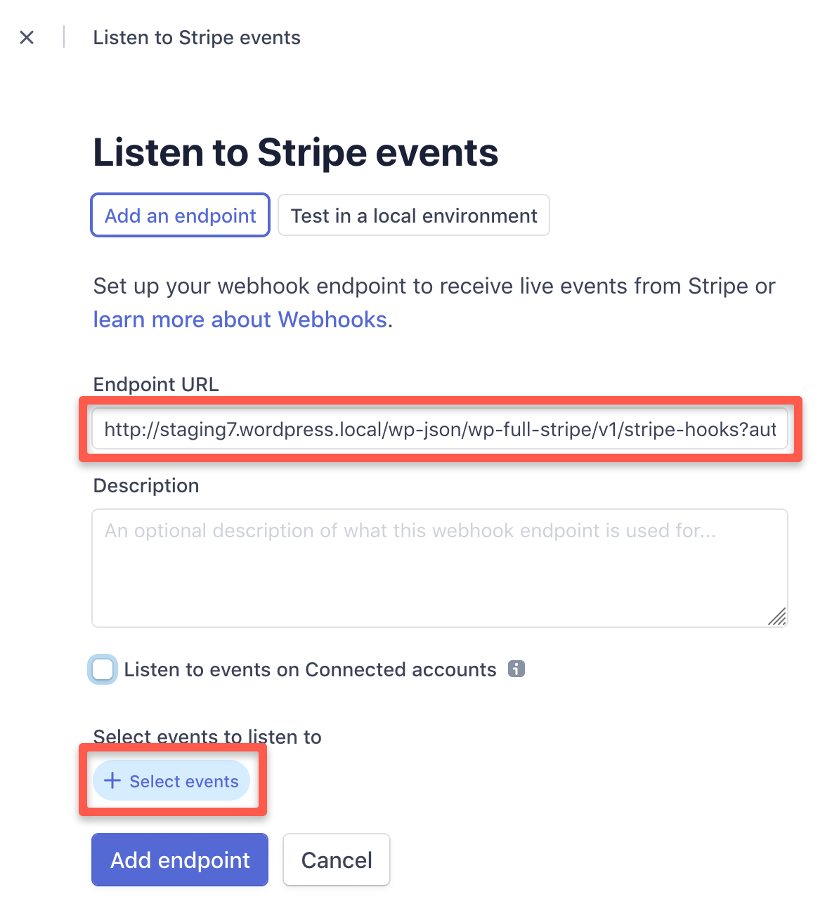 Stripe dashboard  - Configure endpoint