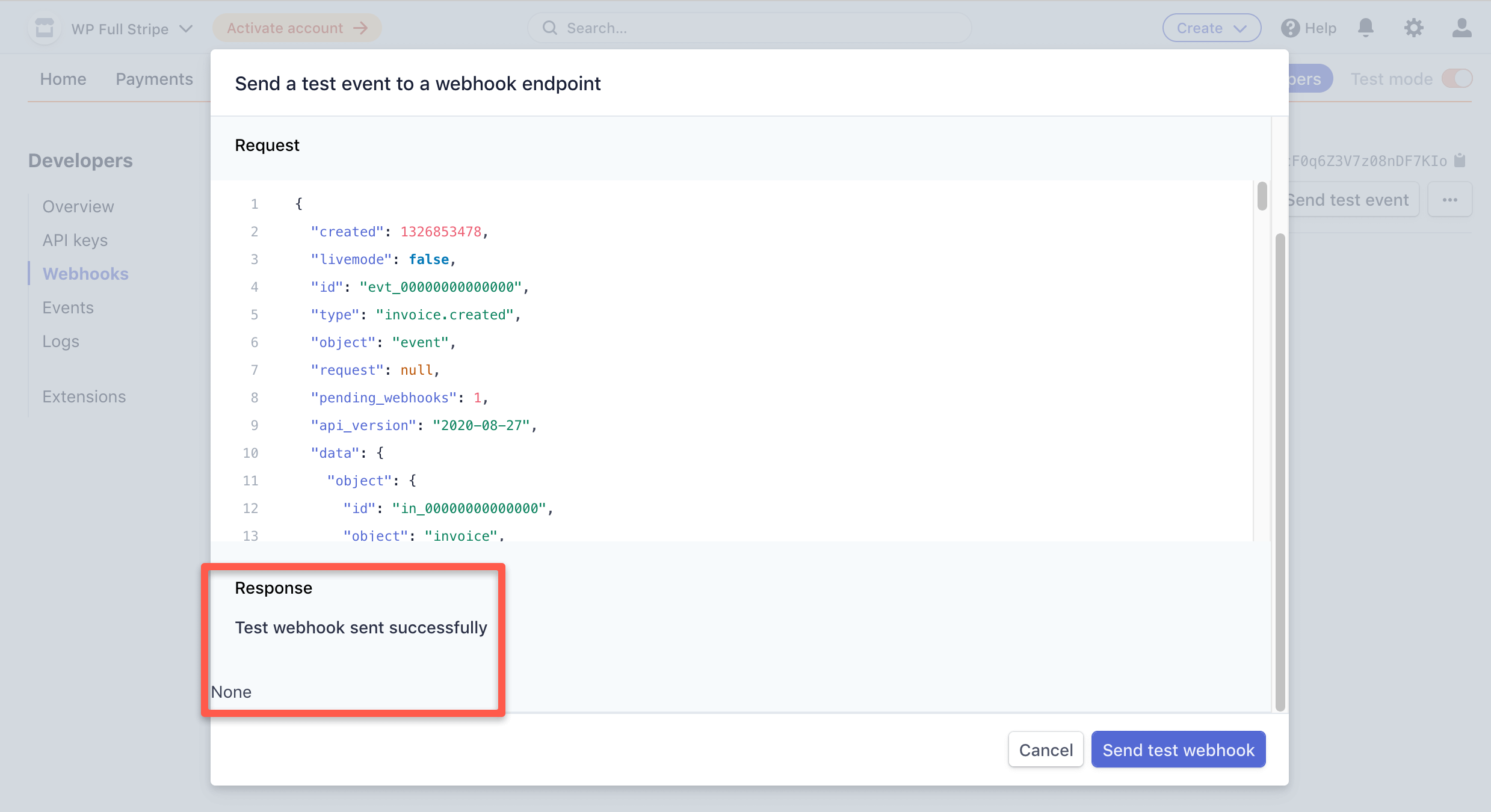 Stripe dashboard  - Webhook event sent successfully