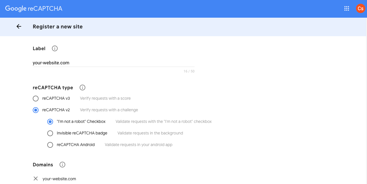 Register your website for Google reCaptcha