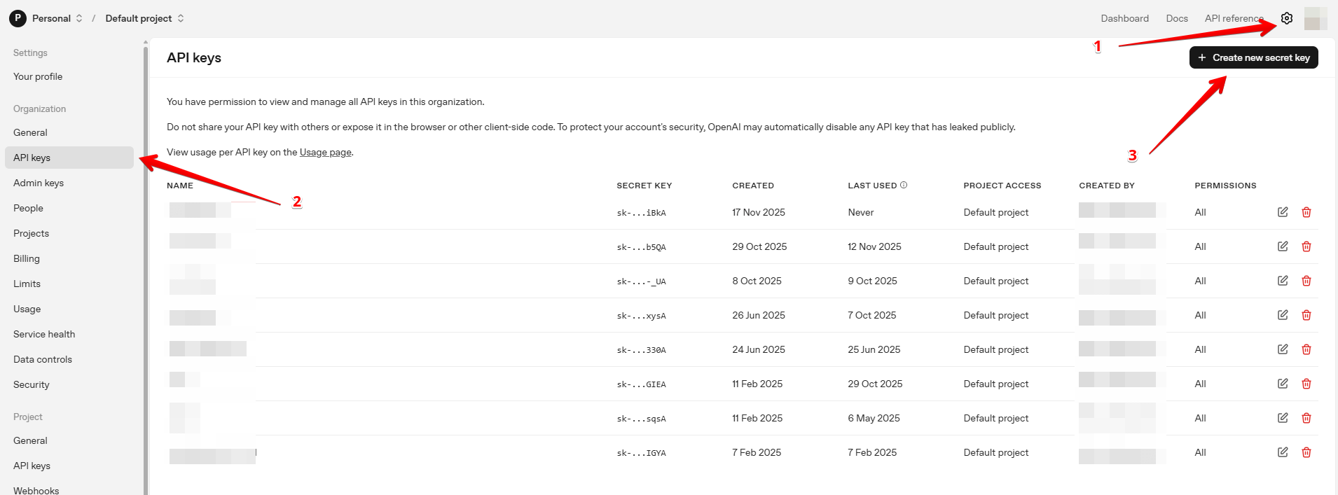 Finding API key settings on OpenAI platform
