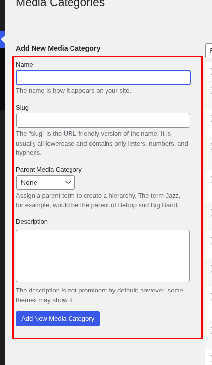 Defining Media Categories: Add