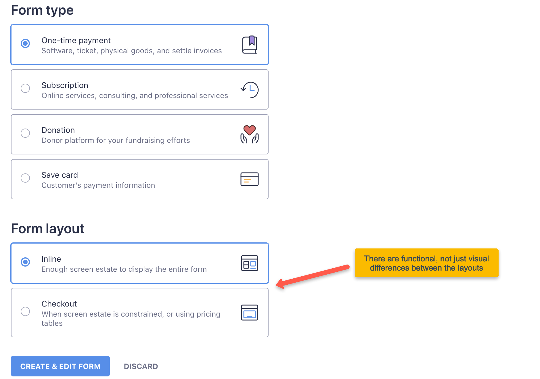 You can enter name and display name for the one-time payment form, plus select the form layout