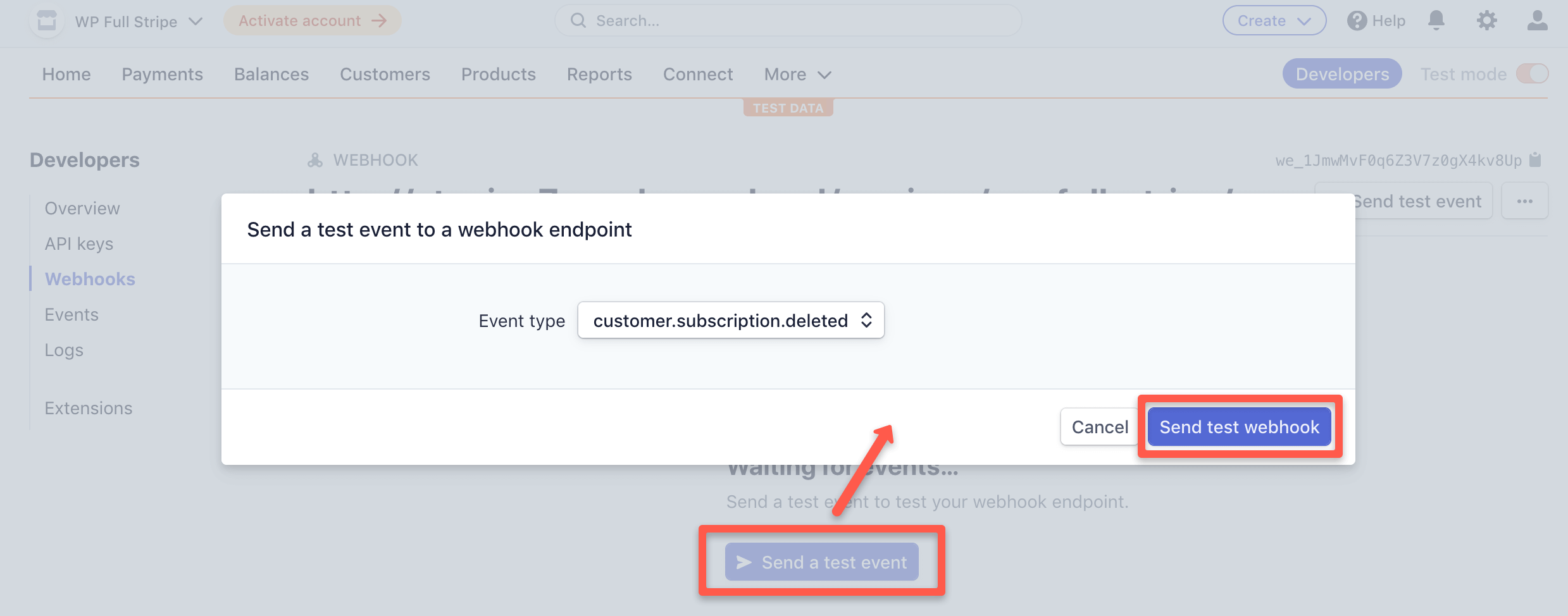 Stripe dashboard  - Send a test webhook