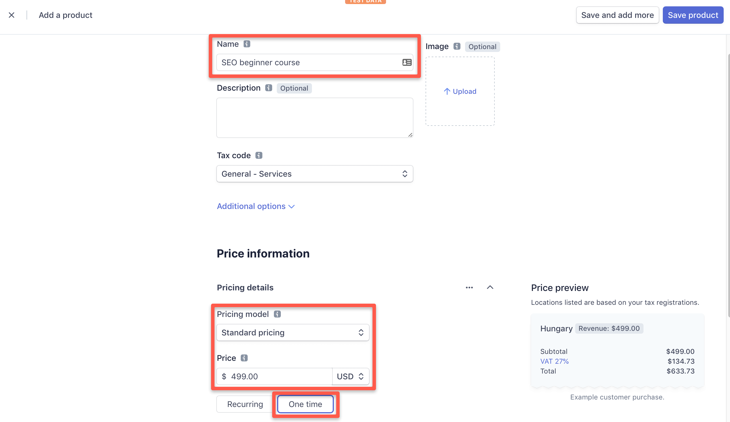 When creating a Stripe product, fill in the essential fields, and press the 'Save product' button