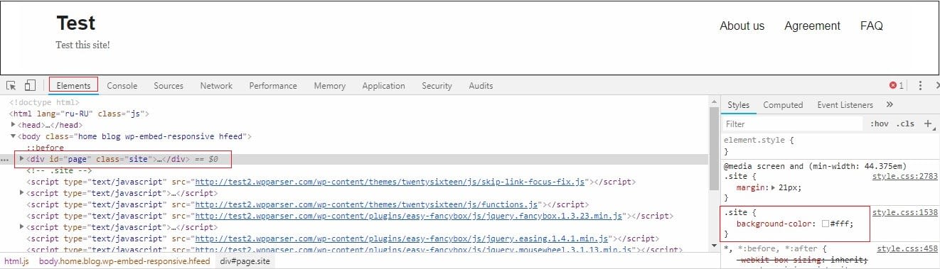 Custom CSS File: Inspect the background color element