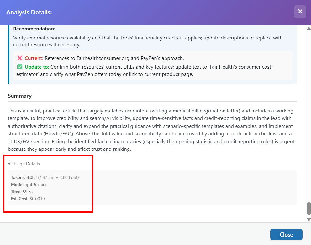 Analysis usage details