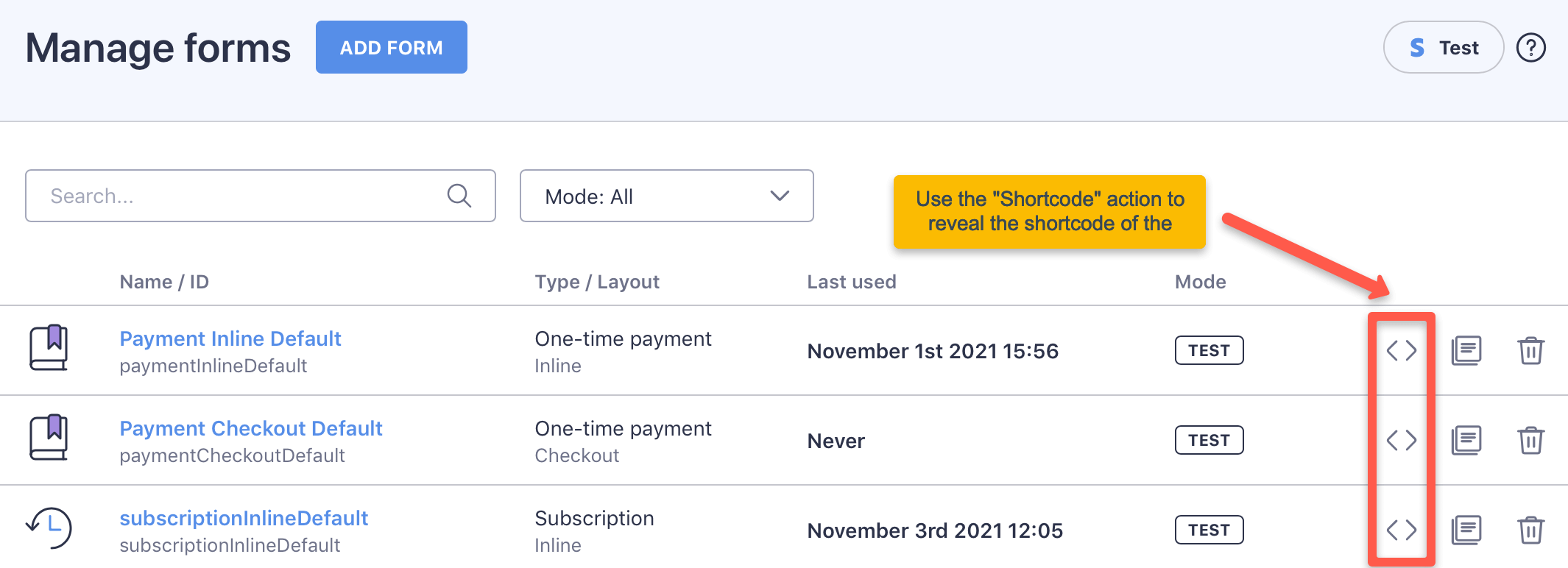 Shortcode action of the form