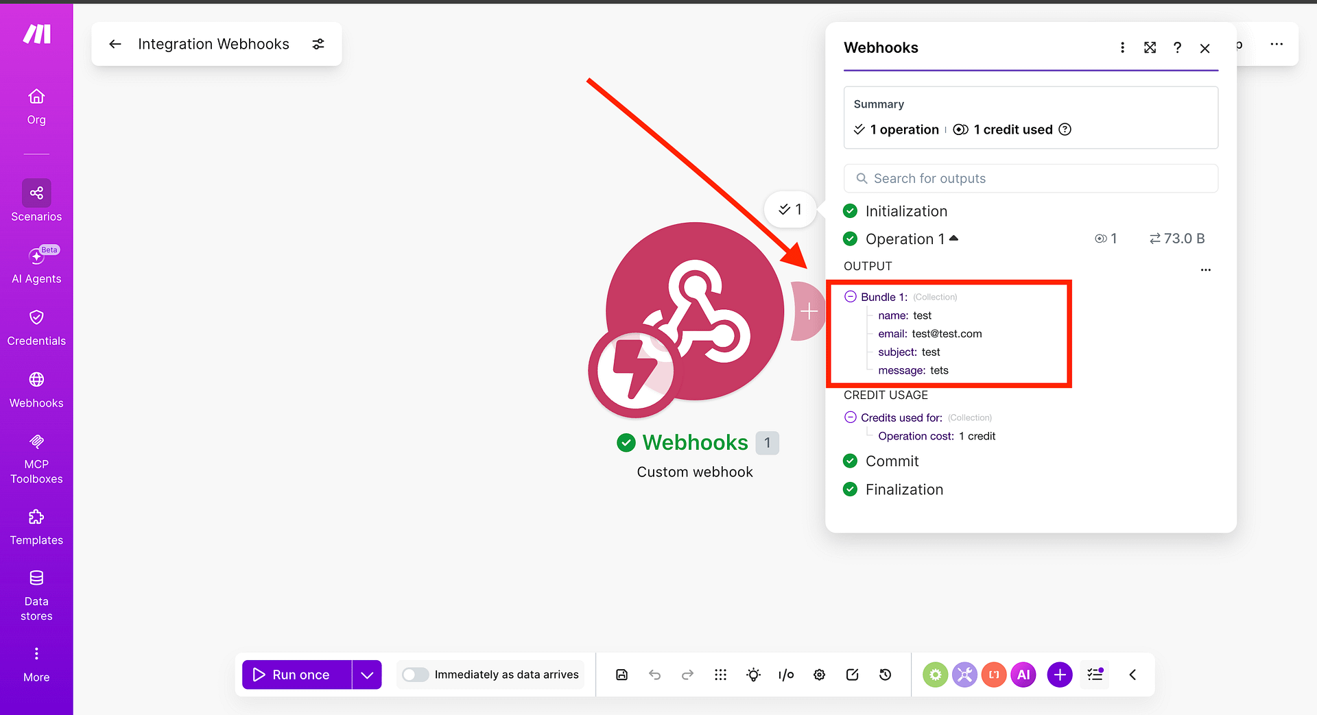 Make scenario showing a successful test run with data visible on the webhook module