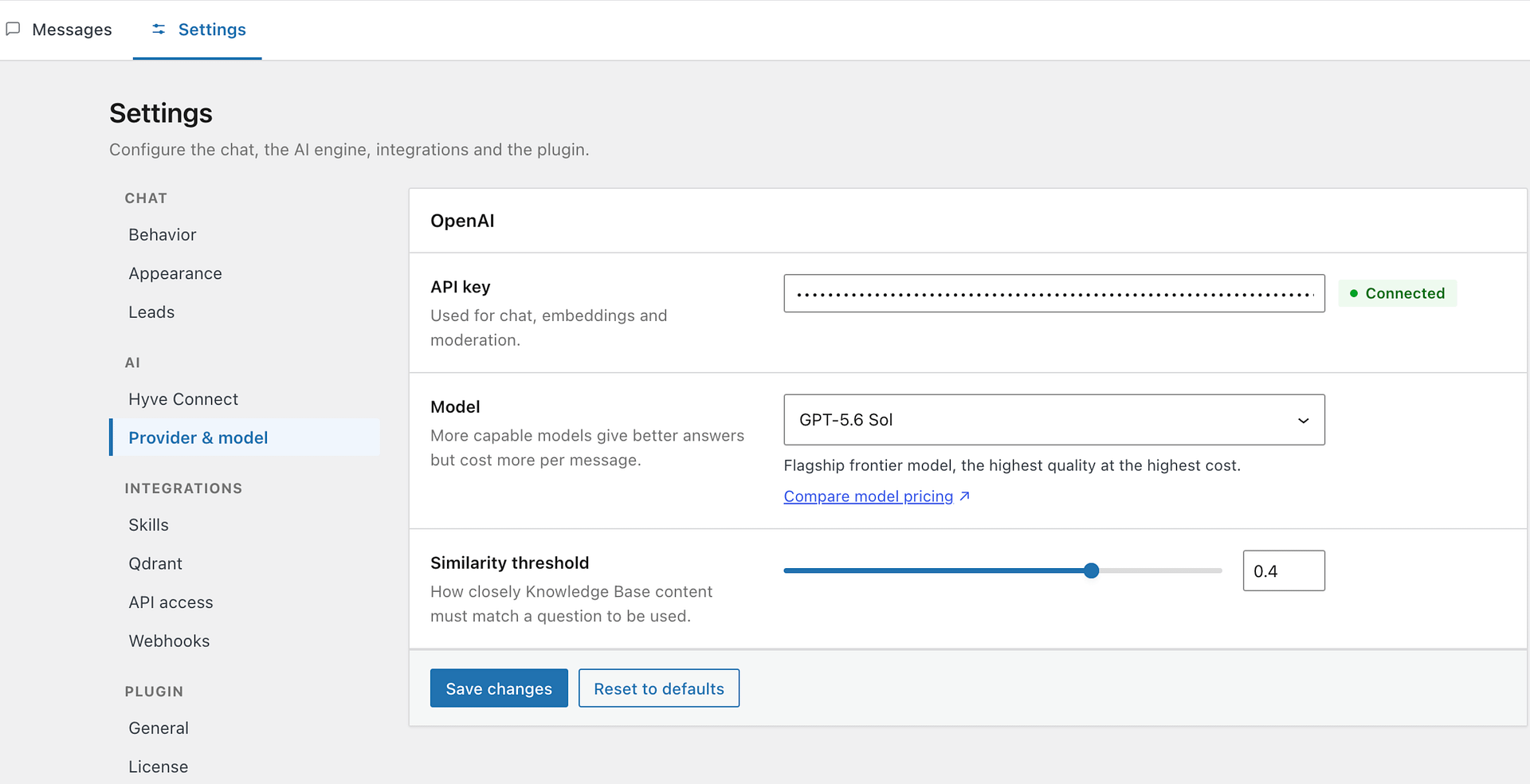 Hyve > Settings > AI > Provider & model, showing the OpenAI API key field and the model selector