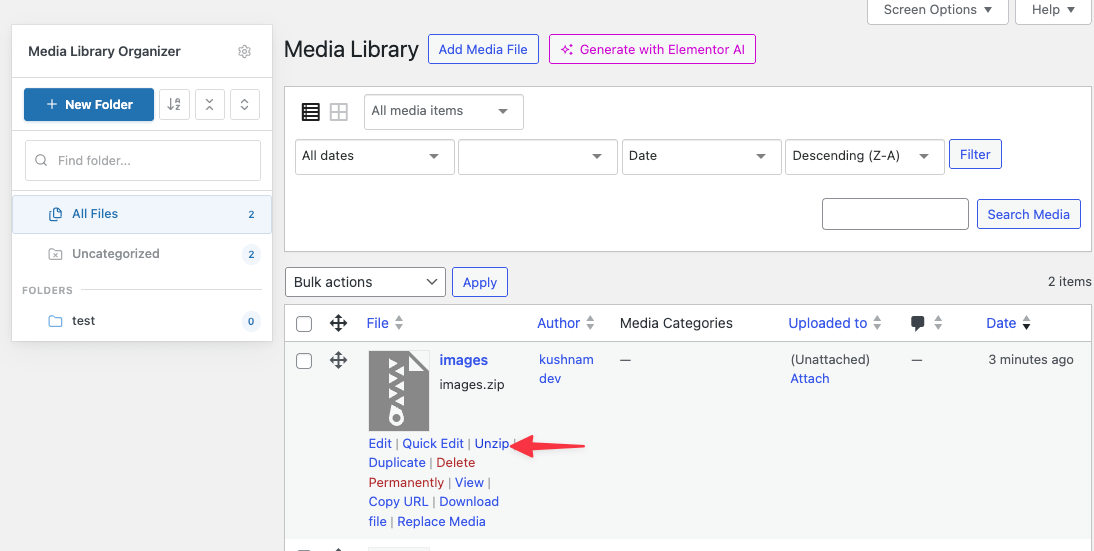 Media Library Organizer: Unzip: List View