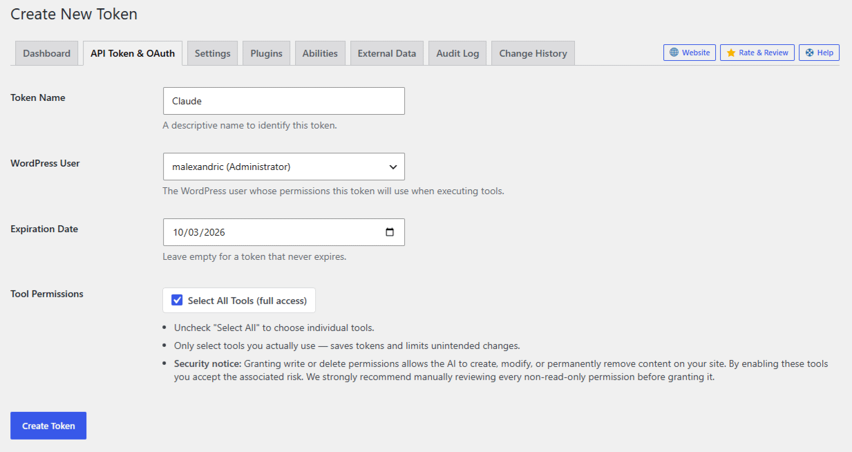 The Create New Token form showing the Token Name, WordPress User, Expiration Date, and Tool Permissions fields