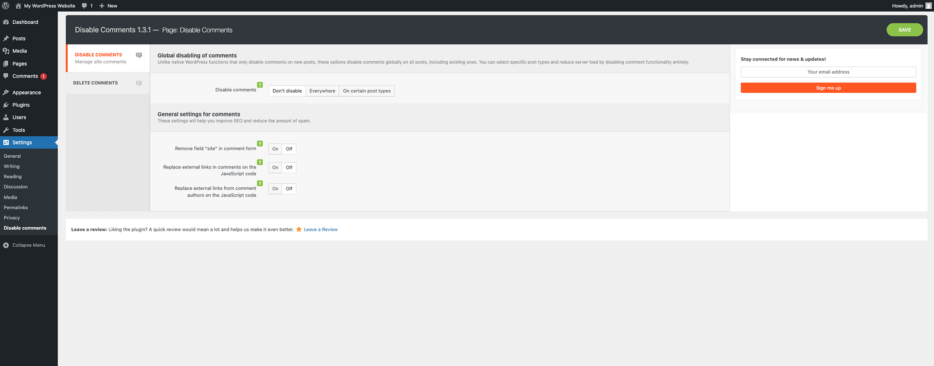 Screenshot of the Disable Comments settings page showing the main options
