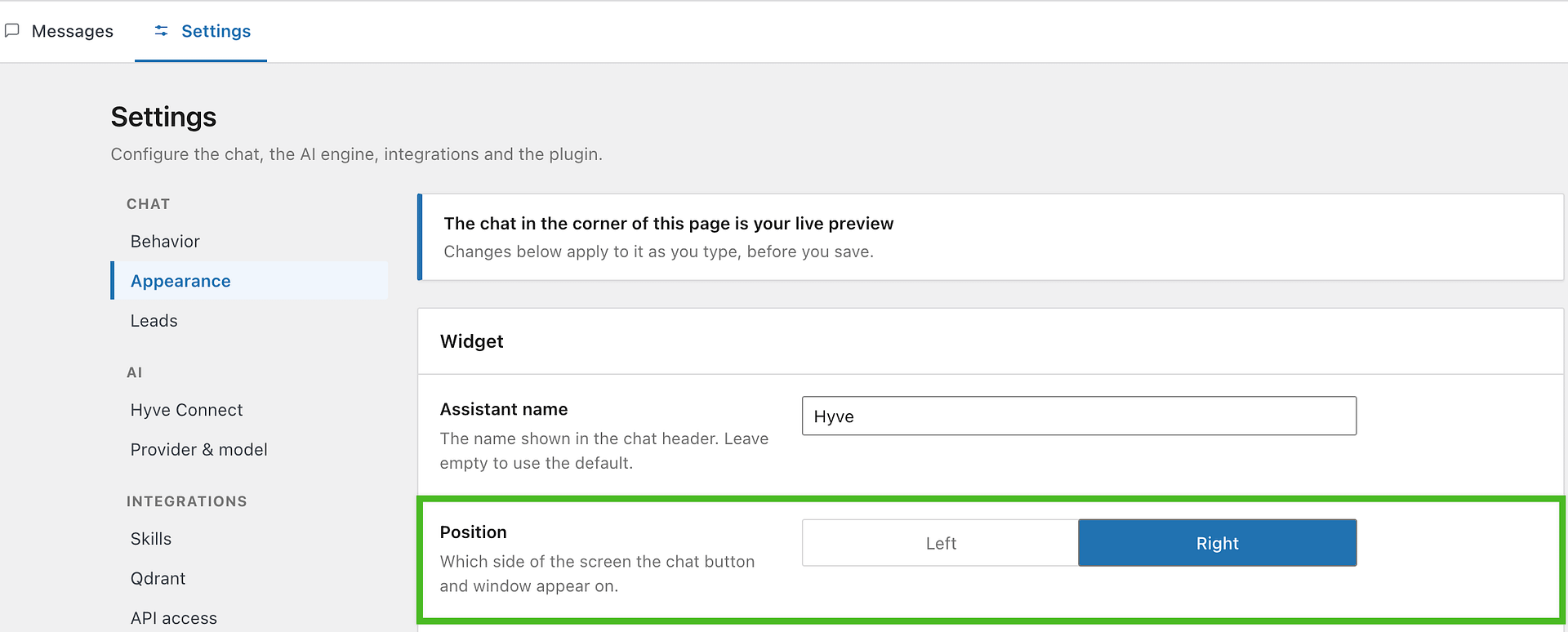 The Hyve > Settings > Appearance screen with the Position control visible, set to Left