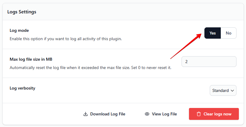 Super Page Cache Advanced tab with the Log Mode option enabled in the Logs Settings section